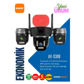 6MP 3 Kameralı Sirenli Wifi Gece Görüşlü Kablosuz Güvenlik Kamerası AV-S308 Avenir 
