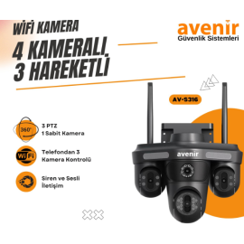 4 Kameralı 16MP 3 PTZ Uzaktan Dönebilen Wifi Kablosuz Sesli Gece Görüşlü Kamera AV-S316 Avenir