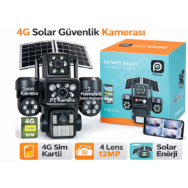  4 Kamera 12mp 4G Solar 4 Lensli Sim Kartlı Çift Güneş Panelli Güvenlik Kamerası