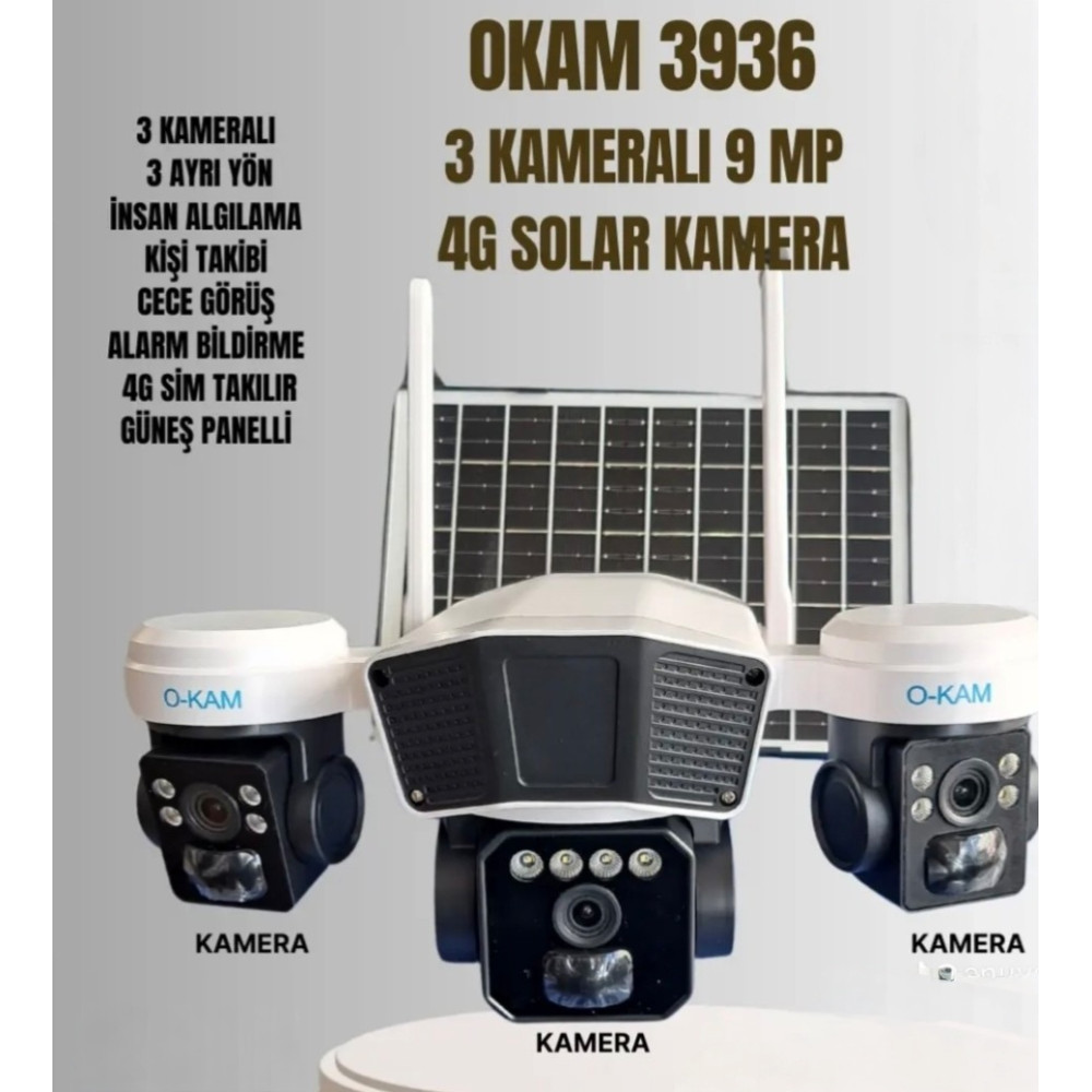 3 Kameralı O-KAM 3936 PTZ Solar Sim Kartlı 4G Güvenlik Kamerası Güneş Enerjili Kamera OKAM 3936